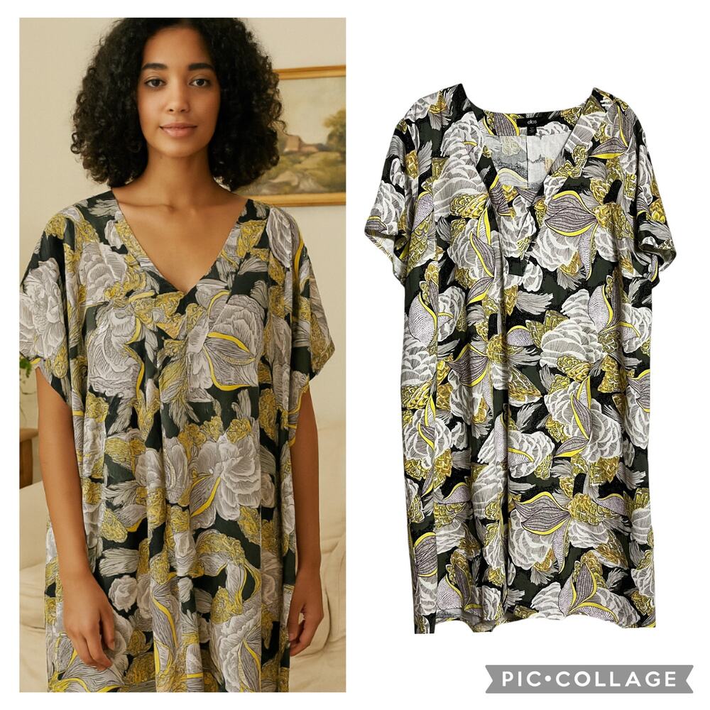 Ellos Linen Blend Tropical Floral Print Shift Dress House Dress - L (2867)
